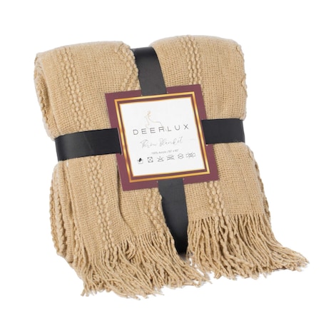 Decorative Zigzag Stripe Pattern Knit Throw Blanket With Fringe, Tan